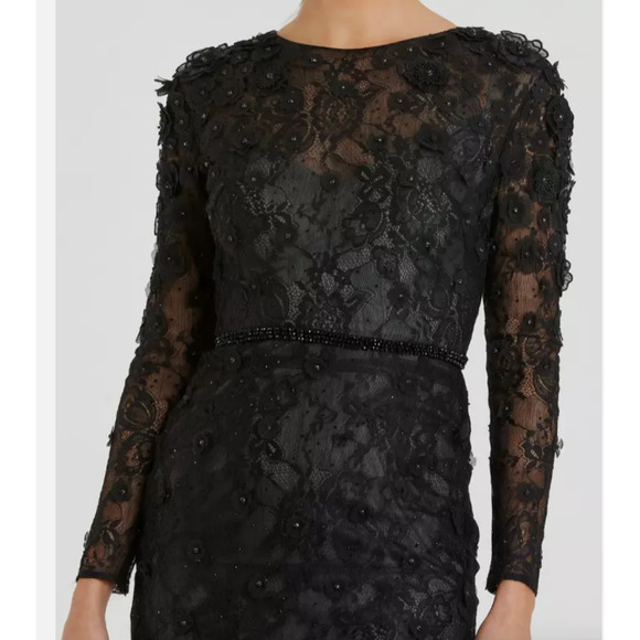 MAC DUGGAL Black 3D Floral Applique Beaded Sheer Lace Long Sleeve Midi Dress 8 - Picture 3 of 9